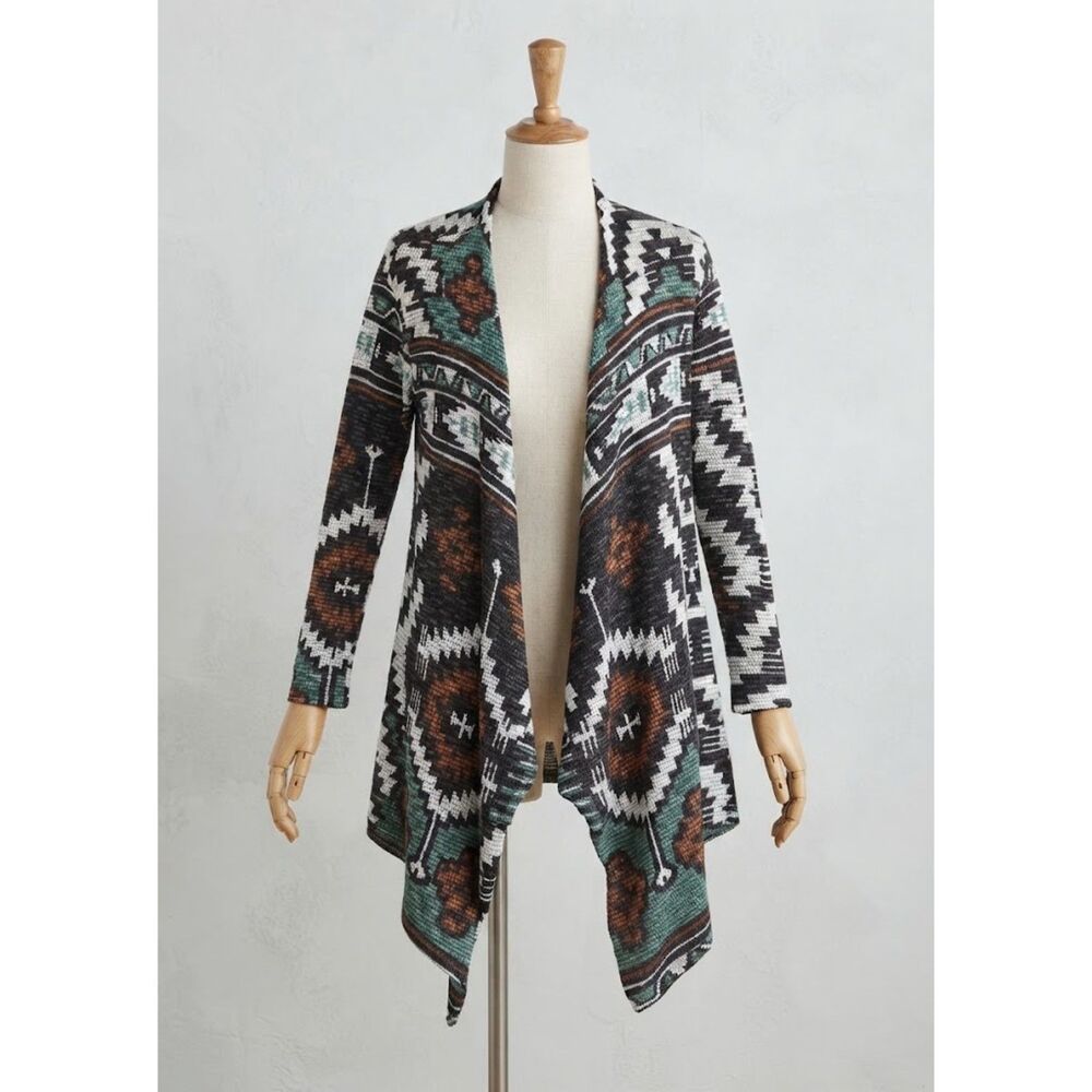Xhilaration Women's Geometric Aztec Print Open Front Asymmetrical Cardigan Small